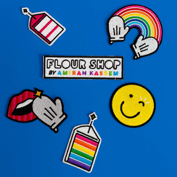 Flour Shop Patches- Pink Cake Patch, Rainbow Hands patch,lips patch, smiley patch, rainbow slice patch, Flour Shop Logo Patch 