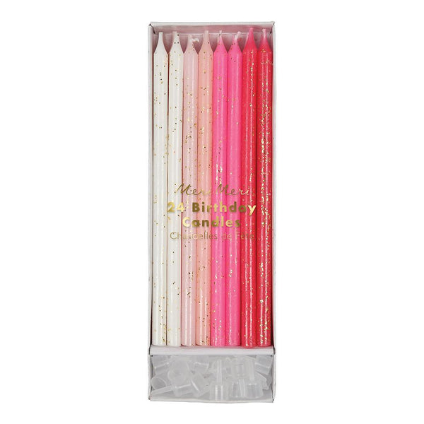 of 24 pink candles, in a range Pack of six pink candles in shades from ice to magenta, all decorated with gold glitter