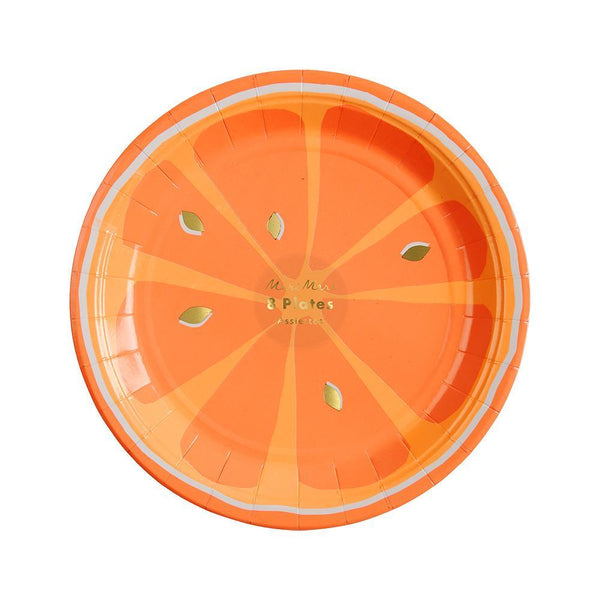 Orange plate with sliced orange designs, finished with shiny gold foil pips
